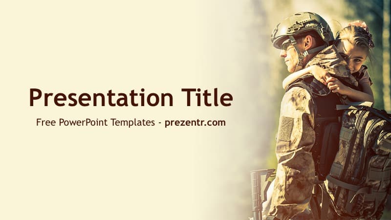 Soldier PowerPoint Template cover slide featuring armed military personnel in desert camouflage with warm-toned background