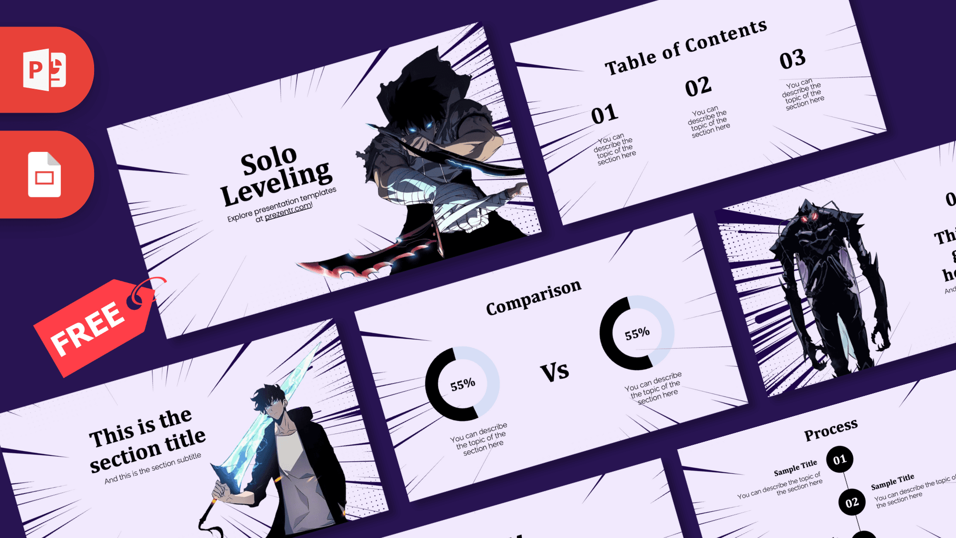Solo Leveling PowerPoint template cover with anime character and dark purple design elements