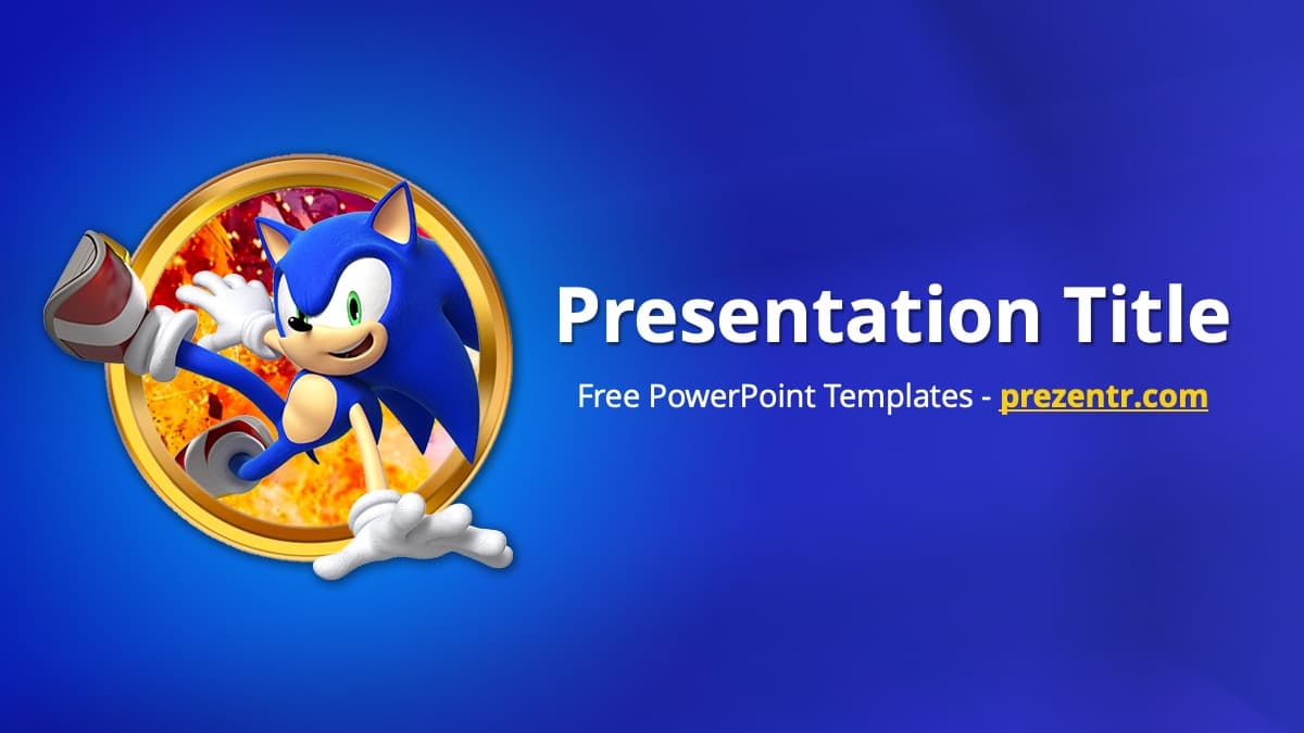 Sonic PowerPoint Template cover slide with blue background, gold-framed Sonic character, and white text