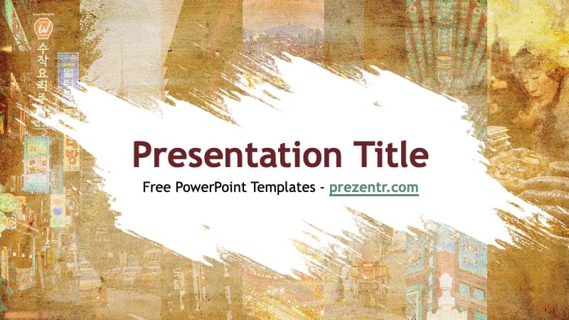 South Korea PowerPoint Template cover slide with warm gold tones and white brush stroke text box