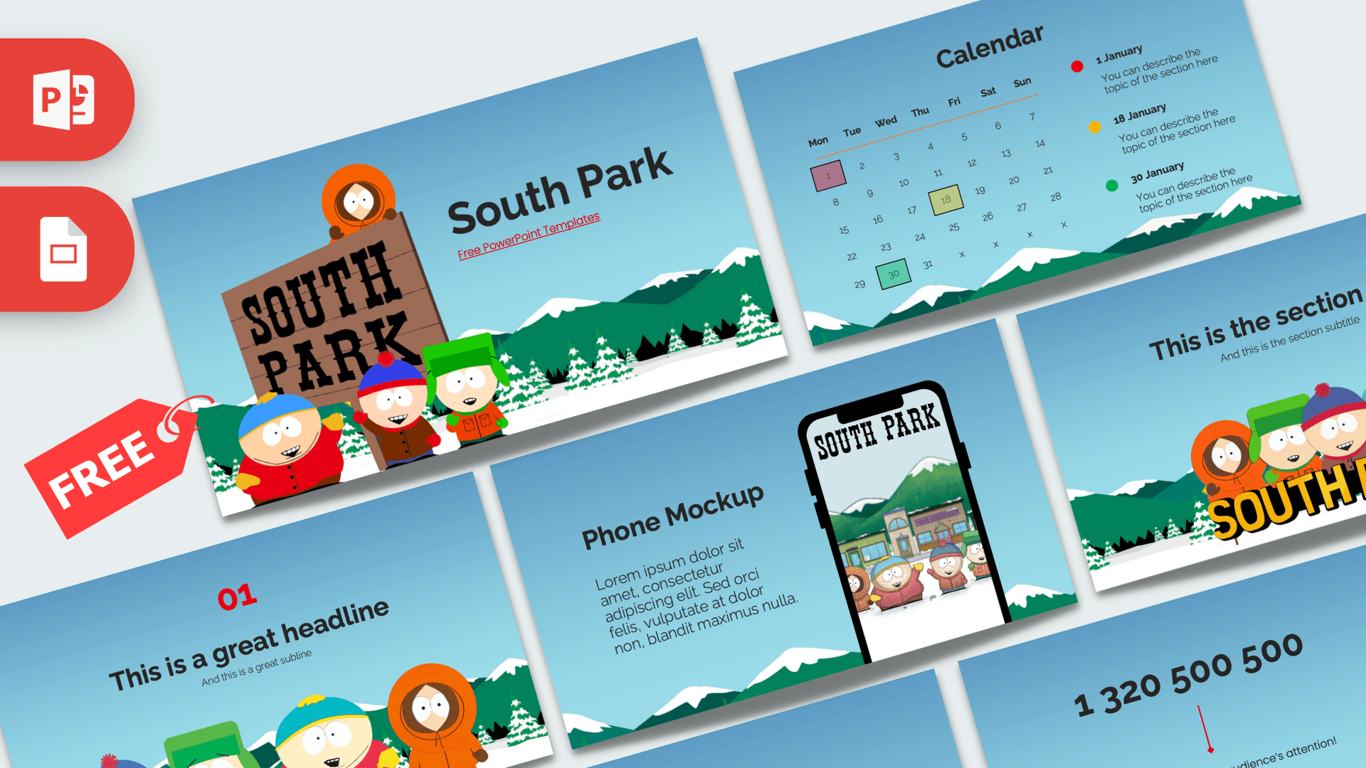 South Park PowerPoint template cover with blue background, snowy mountain landscape, and cartoon characters