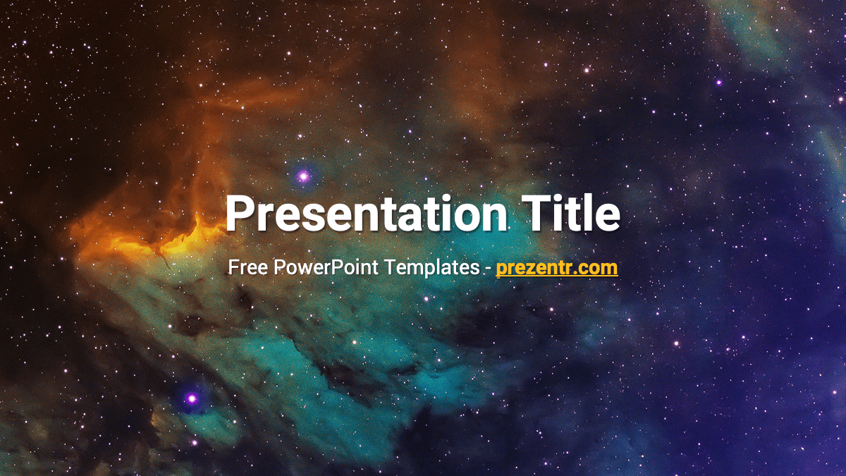 Space PowerPoint Template cover slide with nebula background in orange, teal, and purple hues