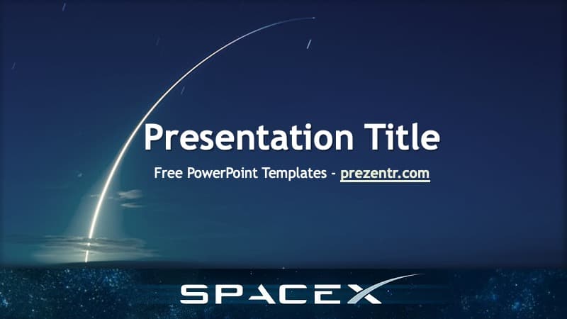 SpaceX PowerPoint template cover slide with rocket launch, dark blue gradient background, and white text