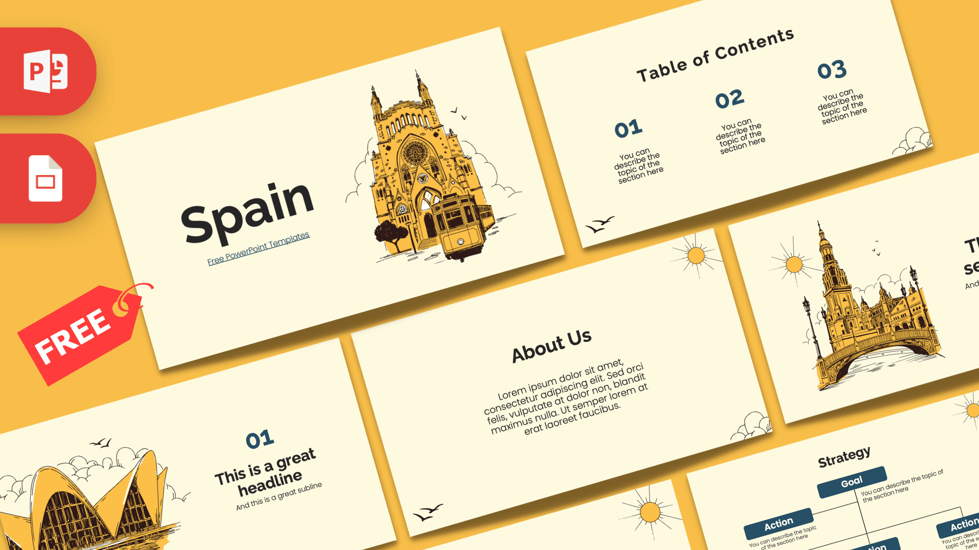 Spain PowerPoint Template cover slide with golden cathedral illustration and cream background