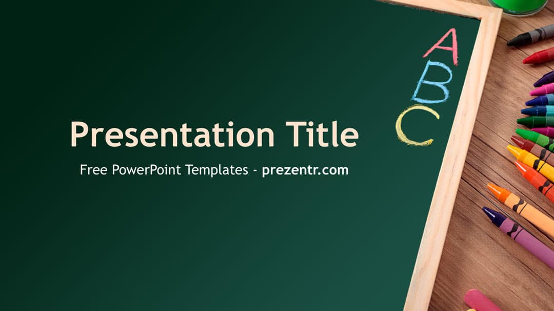 Spelling PowerPoint Template cover slide featuring a chalkboard with colorful ABC letters and markers on wooden surface