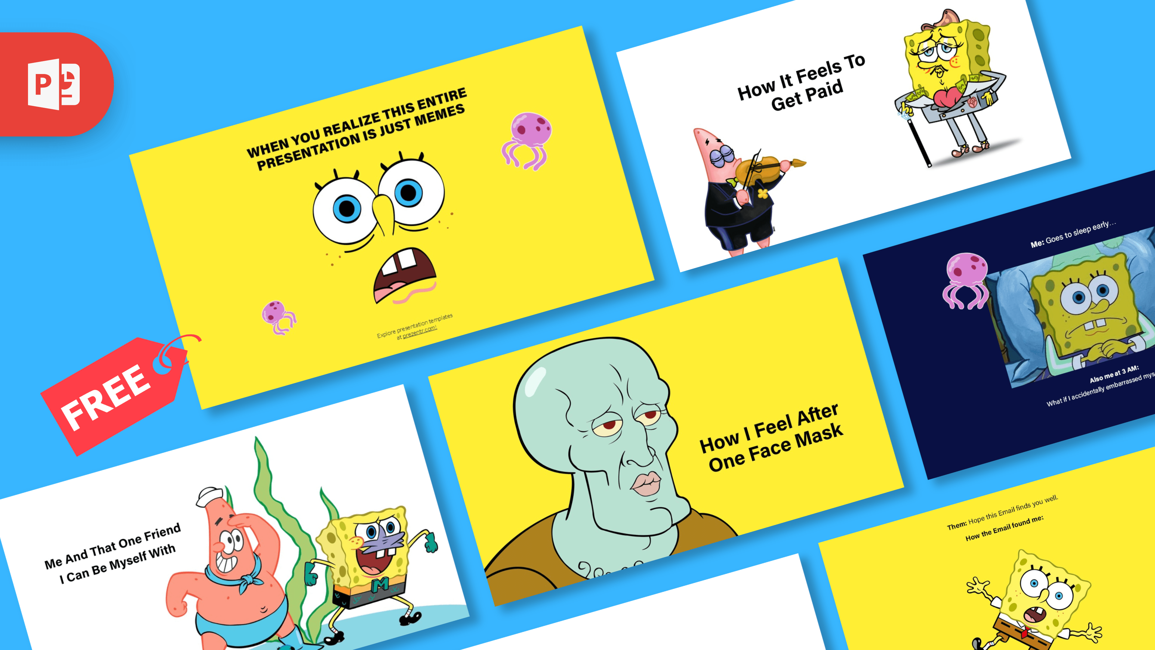SpongeBob Meme PowerPoint Template with yellow slides, cartoon characters, and blue background layout