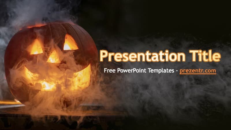 Spooky PowerPoint Template cover slide with glowing jack-o'-lantern pumpkin and dark background