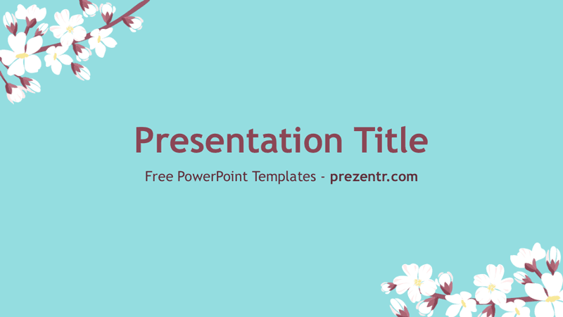 Spring PowerPoint Template cover slide with turquoise background and white floral decorations