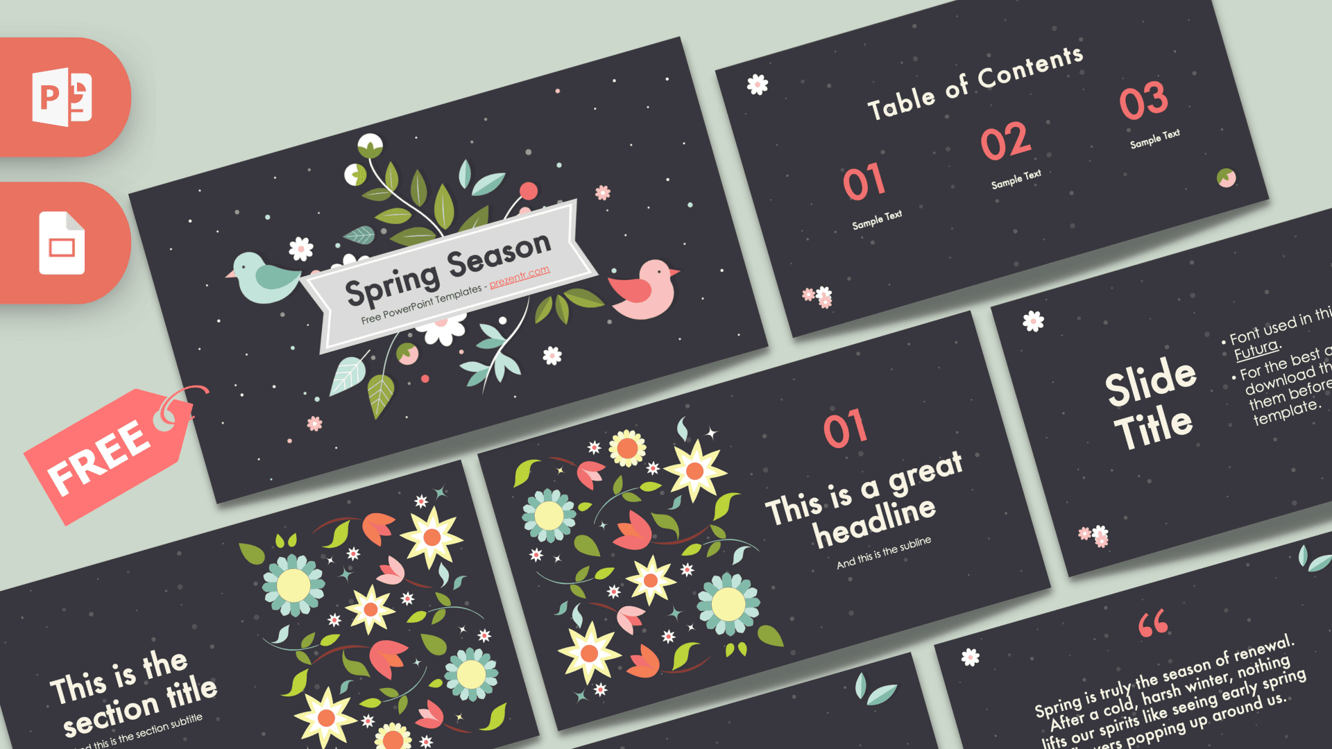 Spring Season PowerPoint template cover with dark background, colorful flowers, and decorative birds