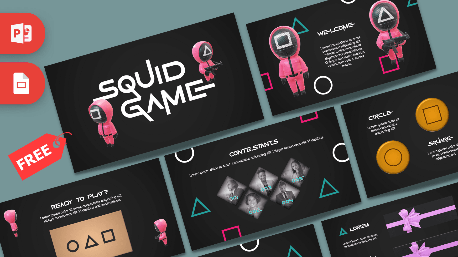 Squid Game PowerPoint template cover slide with pink character icons and neon geometric shapes on dark background