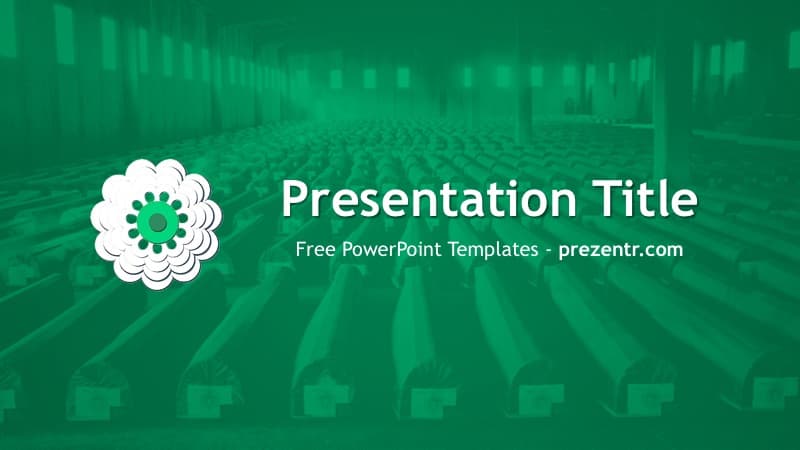 Srebrenica Genocide template cover slide with green background, white flower logo, and centered text layout