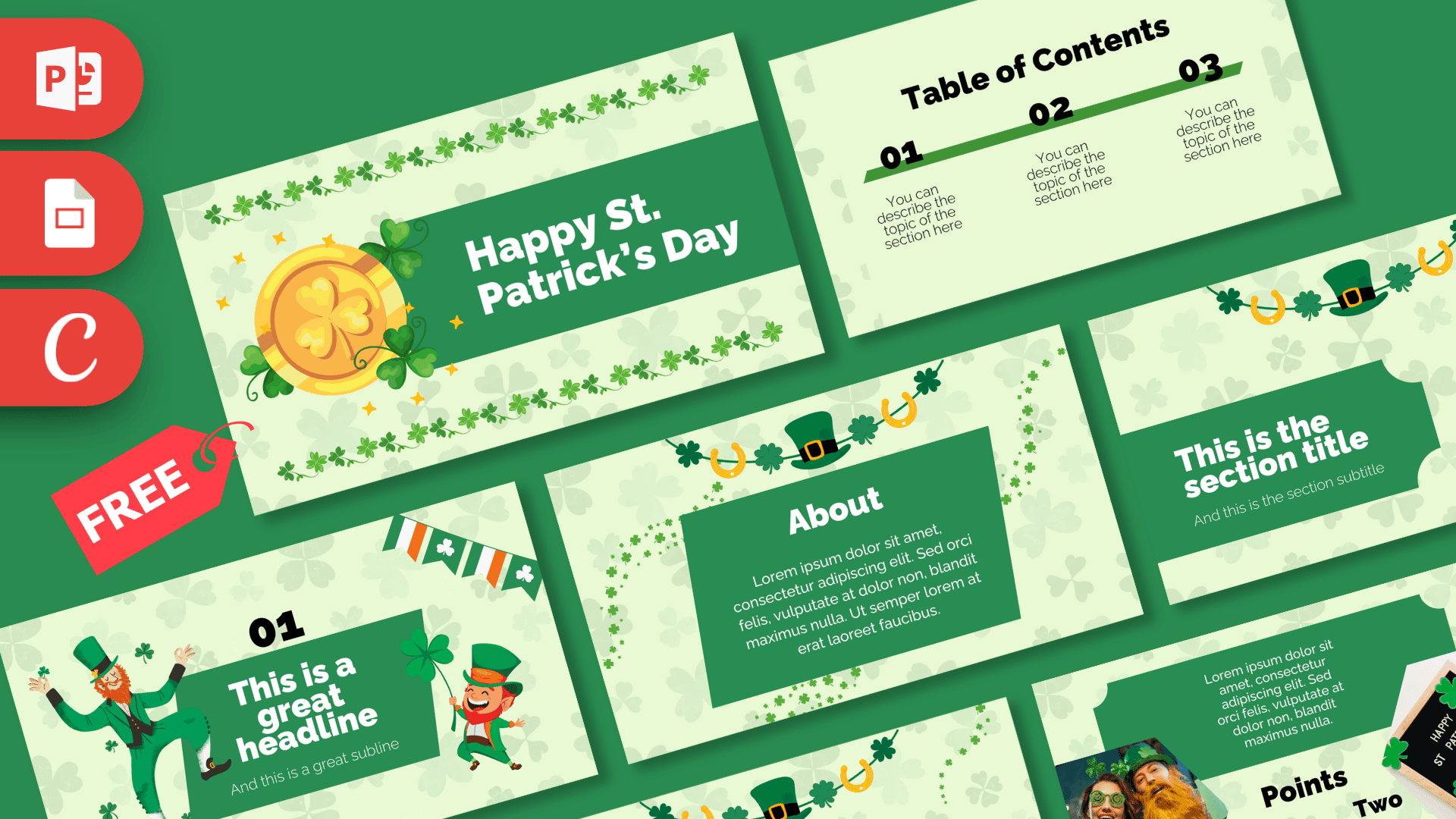 Happy St. Patrick's Day PowerPoint template with green background, gold coin, shamrocks, and festive leprechaun illustrations