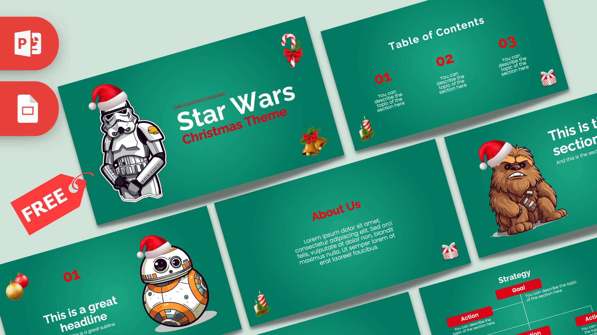 Star Wars Christmas Theme PowerPoint template cover with festive Stormtrooper and green background