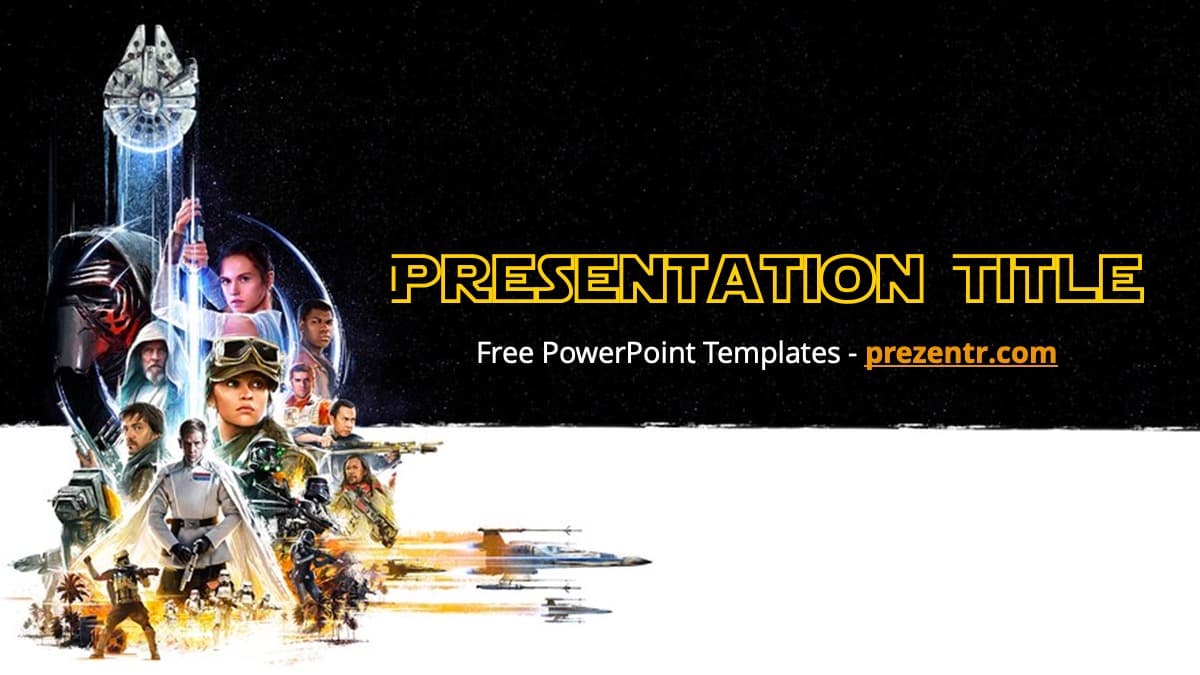Star Wars PowerPoint template cover slide featuring characters, spacecraft, and yellow text on black starfield background