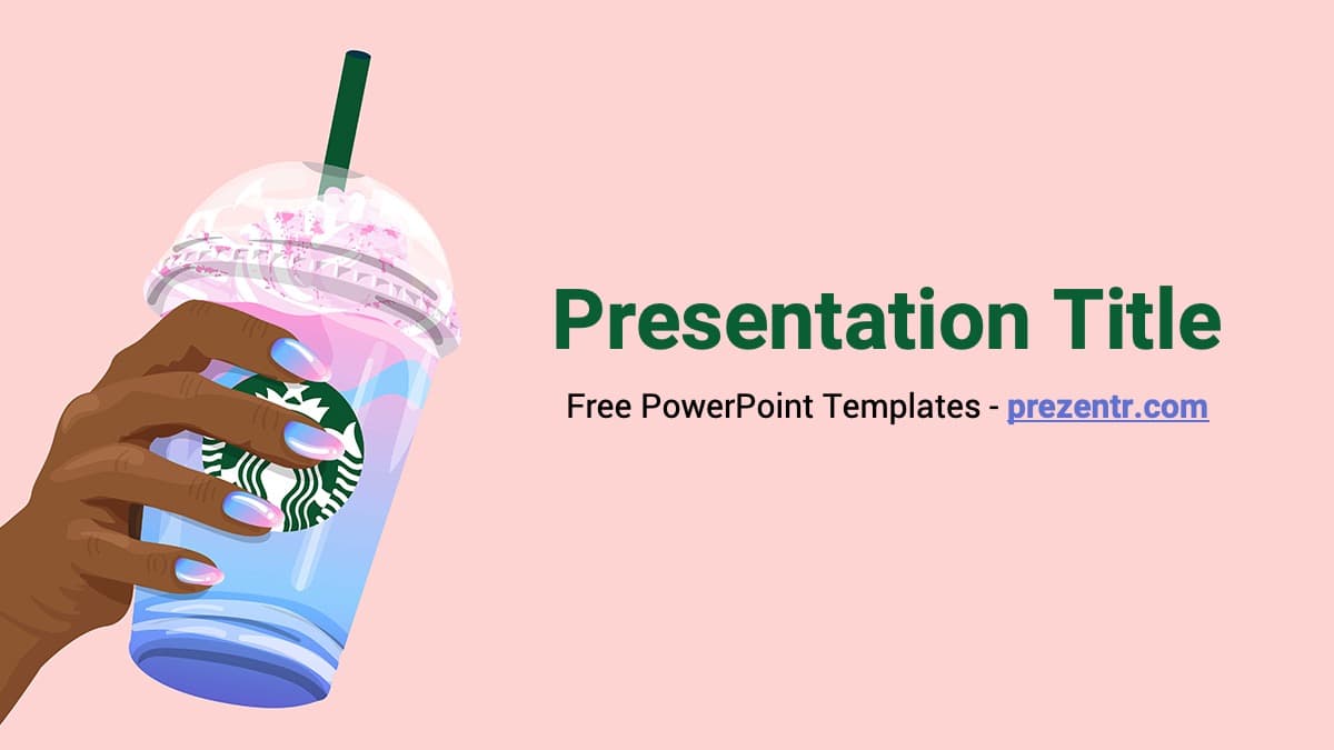 Hand holding Starbucks cup on pink background with "Presentation Title" text for Starbucks PowerPoint Template cover slide
