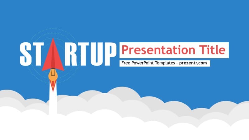 Blue startup PowerPoint template cover slide with red rocket icon, white clouds, and bold text on sky background