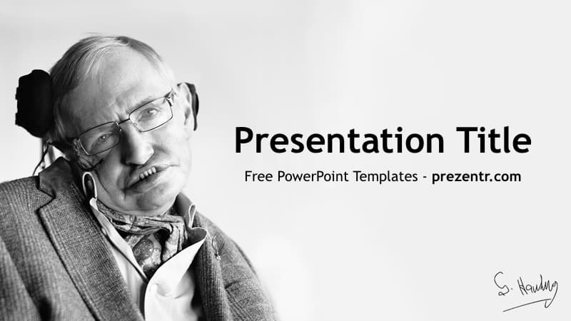 Black and white portrait of Stephen Hawking with glasses, headset, and signature on right side text area
