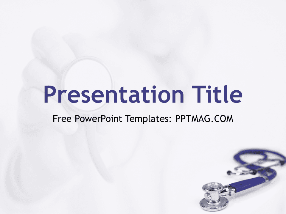Stethoscope PowerPoint Template cover slide with blue stethoscope on white medical background