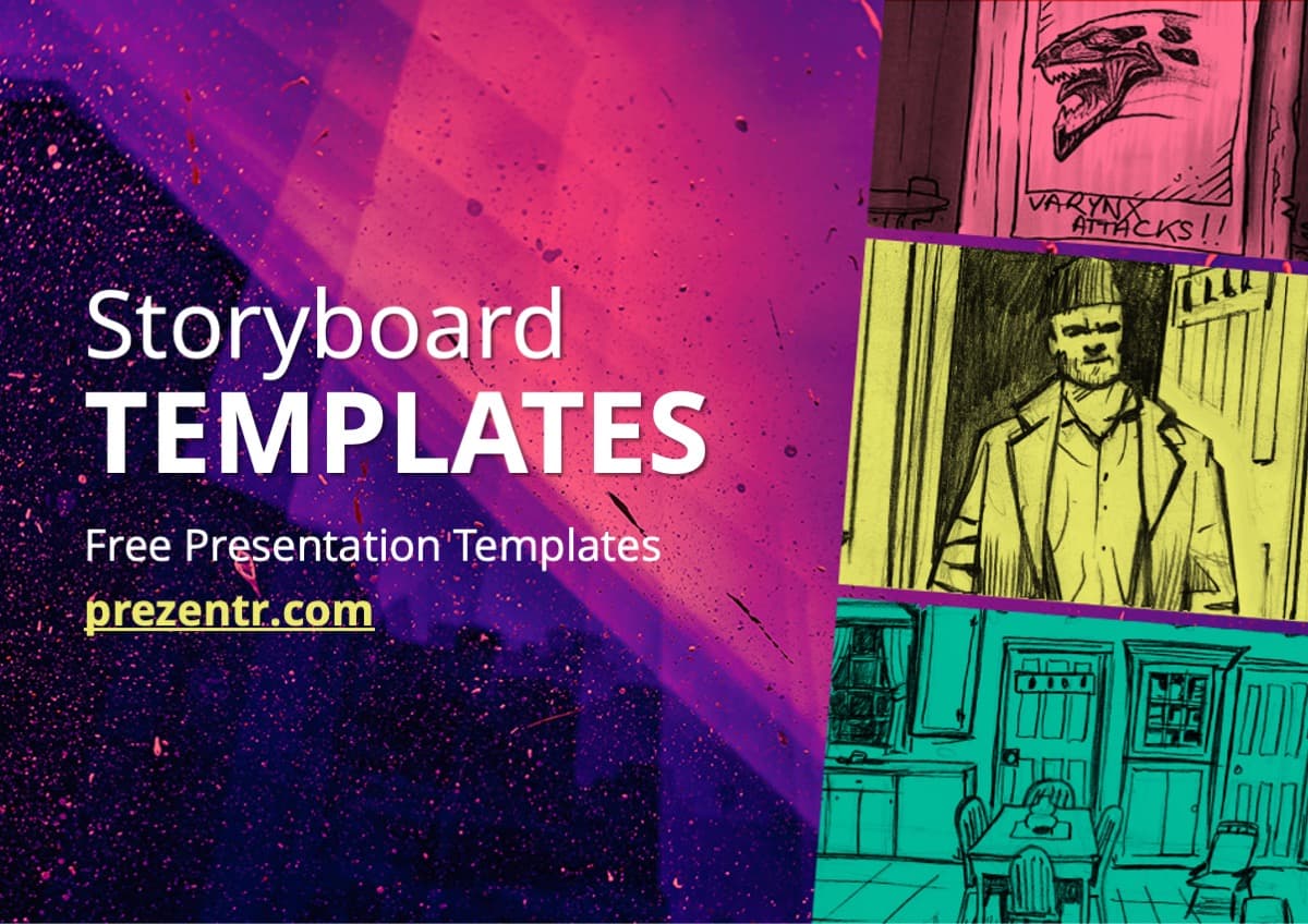 Storyboard PowerPoint Template cover slide with vibrant pink and purple gradient background, comic-style panels