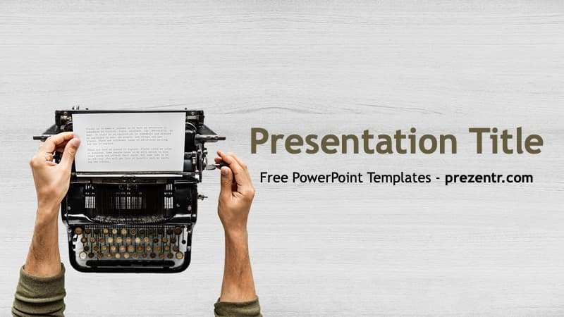 Hands holding typewriter with paper on white background, Storytelling PowerPoint Template title slide with tan text