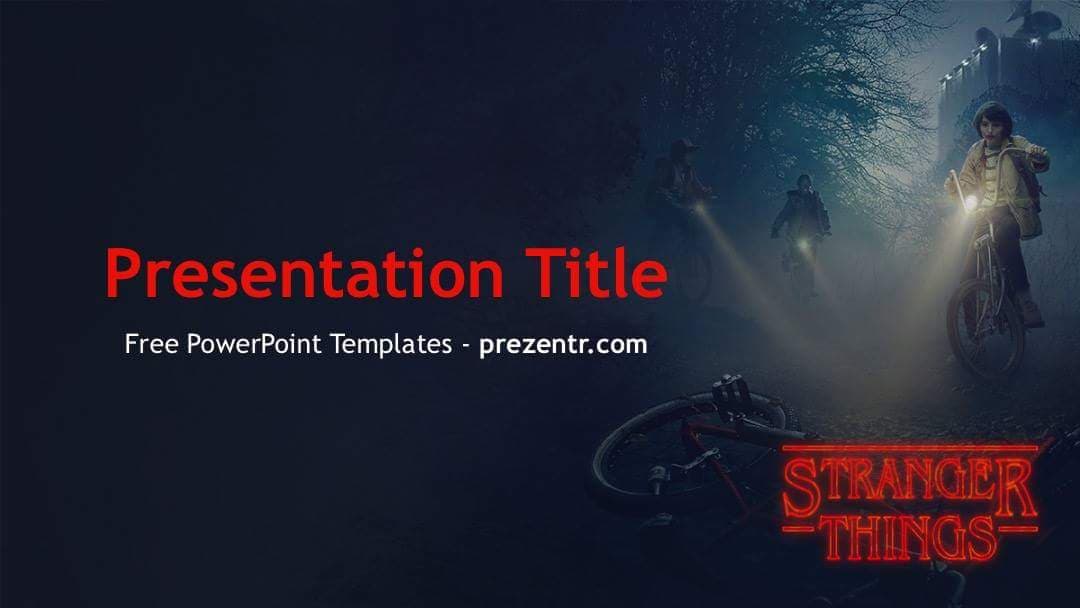 Stranger Things PowerPoint template cover slide with red title text, dark atmospheric background, and glowing bicycle