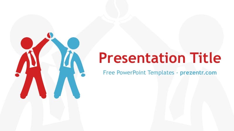 Strategic Alliance PowerPoint Template cover slide with red and blue stick figures shaking hands against a light background