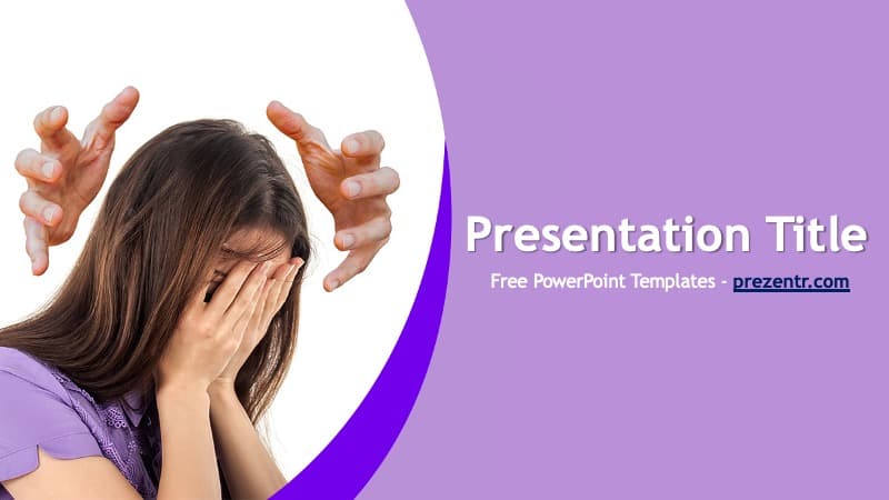 Stress Management template cover slide featuring distressed woman, purple gradient background, curved layout design