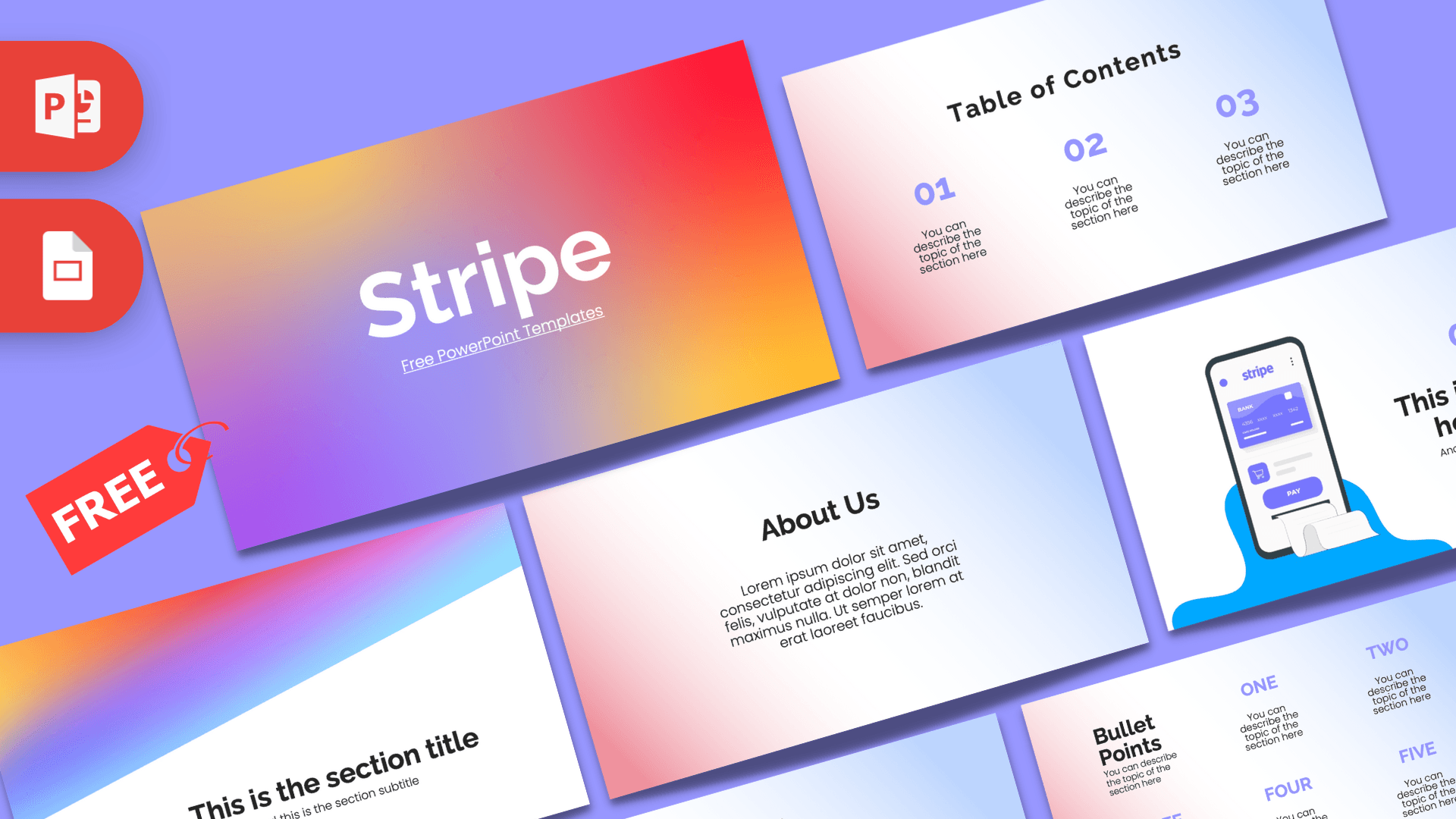 Stripe PowerPoint template cover with gradient rainbow background and colorful slide layouts