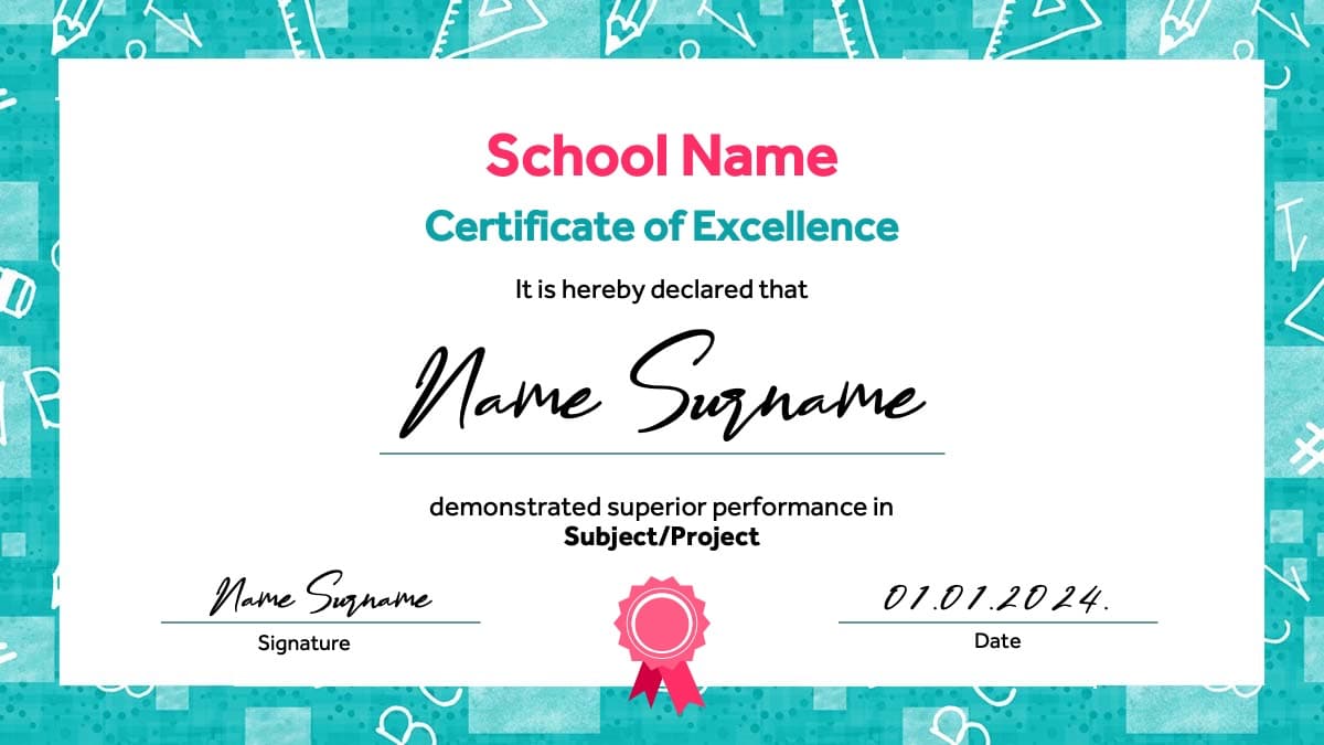 Student Certificate PowerPoint Template with turquoise background, pink accents, and school achievement design