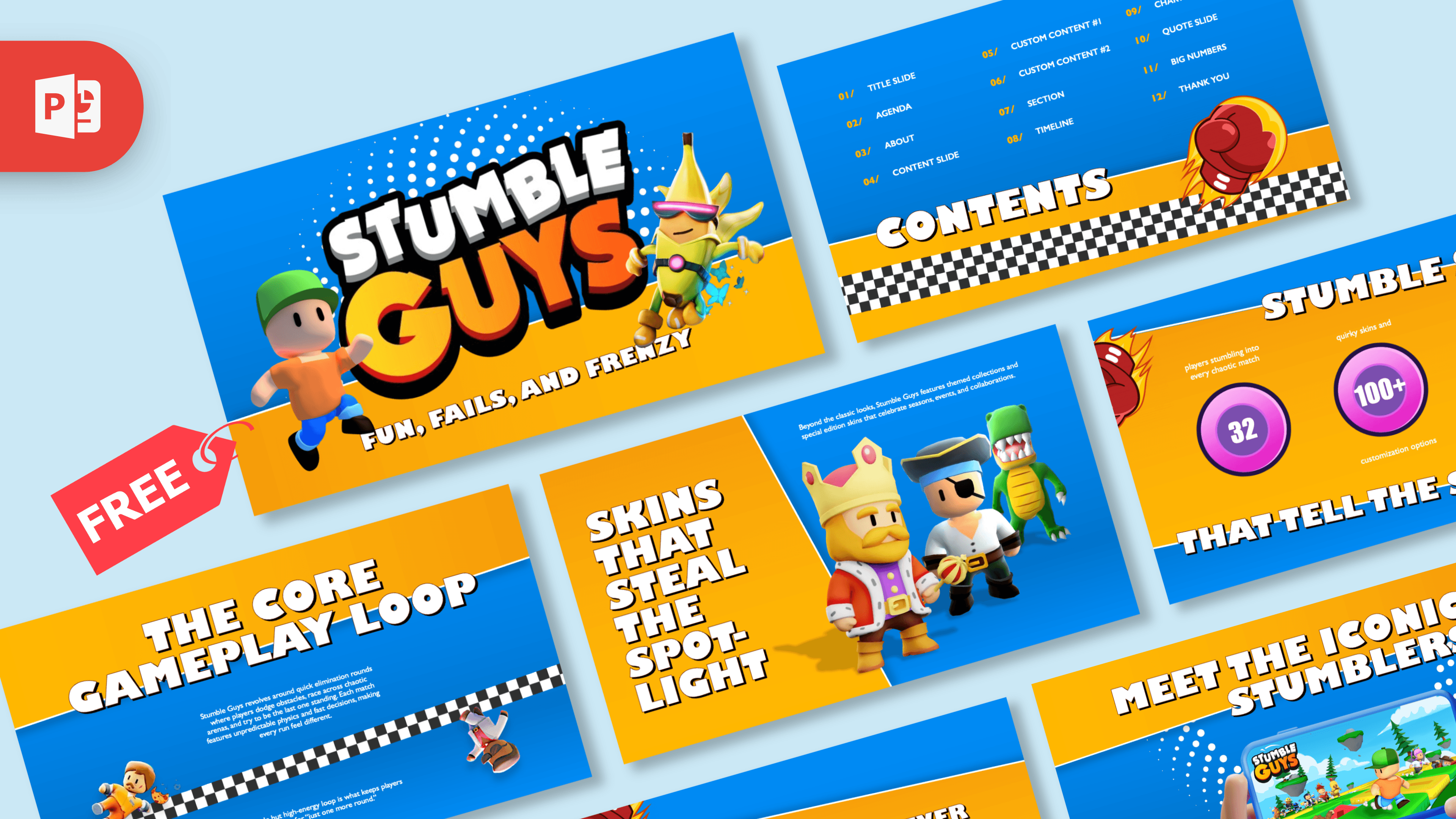 Stumble Guys PowerPoint template cover slide with blue and yellow colors, cartoon characters, and bold gaming graphics