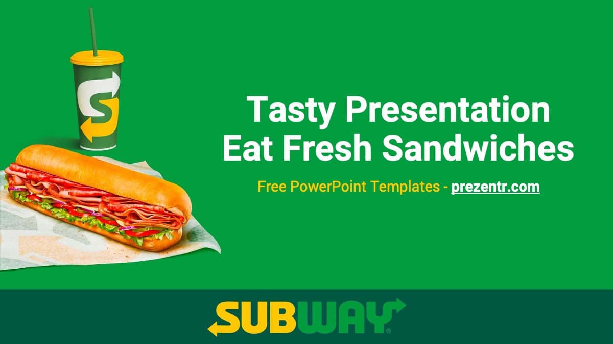 Subway PowerPoint Template cover slide with green background, sandwich and drink imagery, and white title text on the left