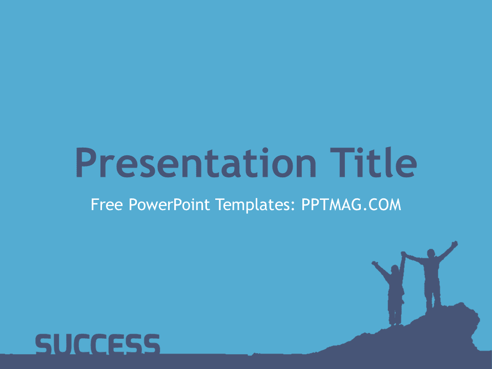 Success PowerPoint Template cover slide with silhouetted figures on peak against blue background
