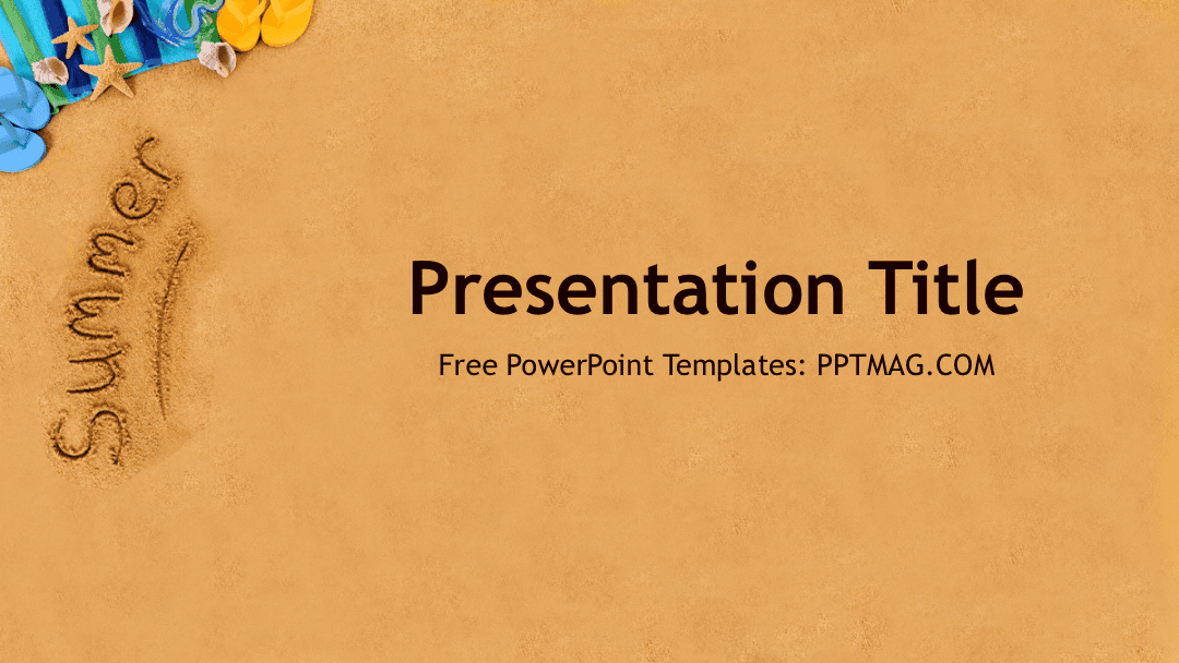 Summer PowerPoint Template cover slide with sandy beach background, colorful flip-flops, and "Summer" text