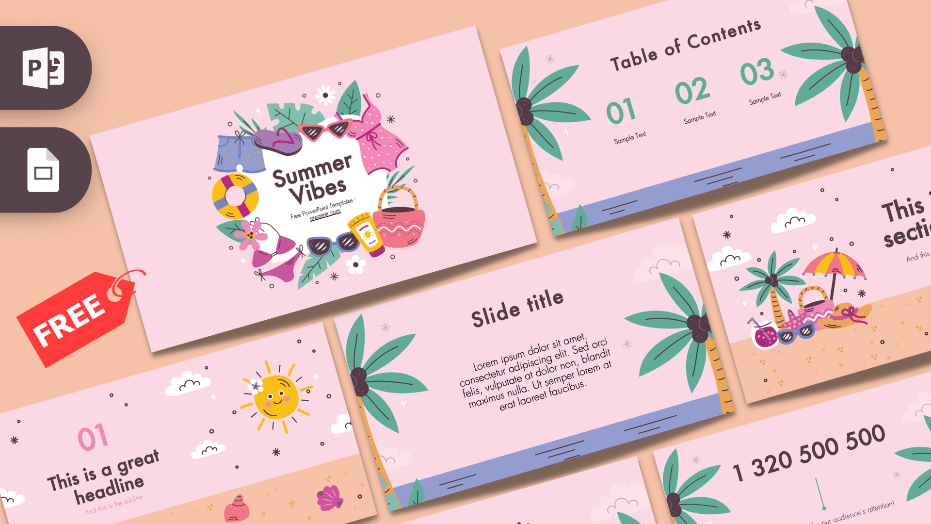 Summer Vibes PowerPoint template cover with colorful beach icons and pink layout