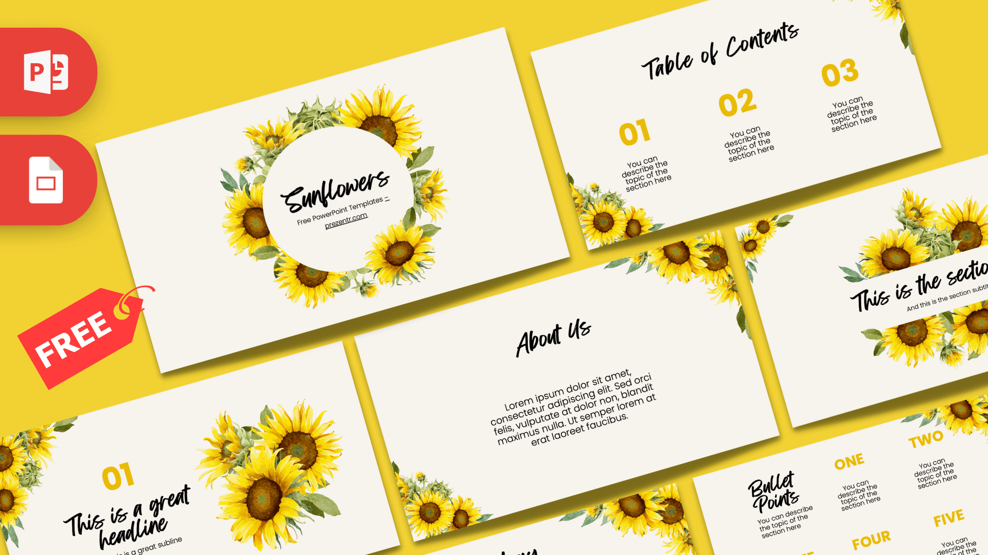Sunflowers PowerPoint template cover slide with yellow and cream design featuring sunflower wreath