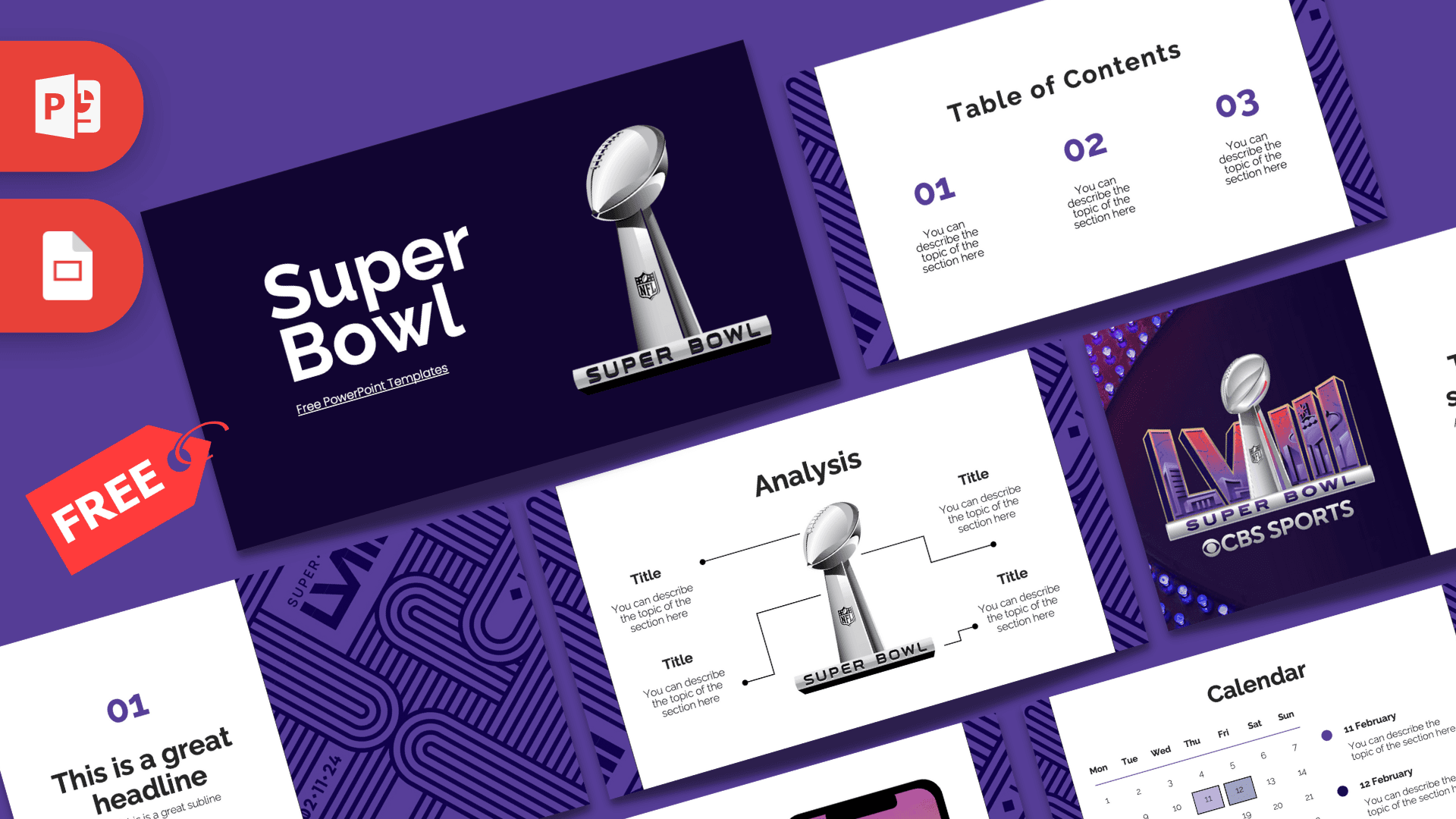 Super Bowl PowerPoint Template cover slide featuring Lombardi Trophy on dark purple background with white text