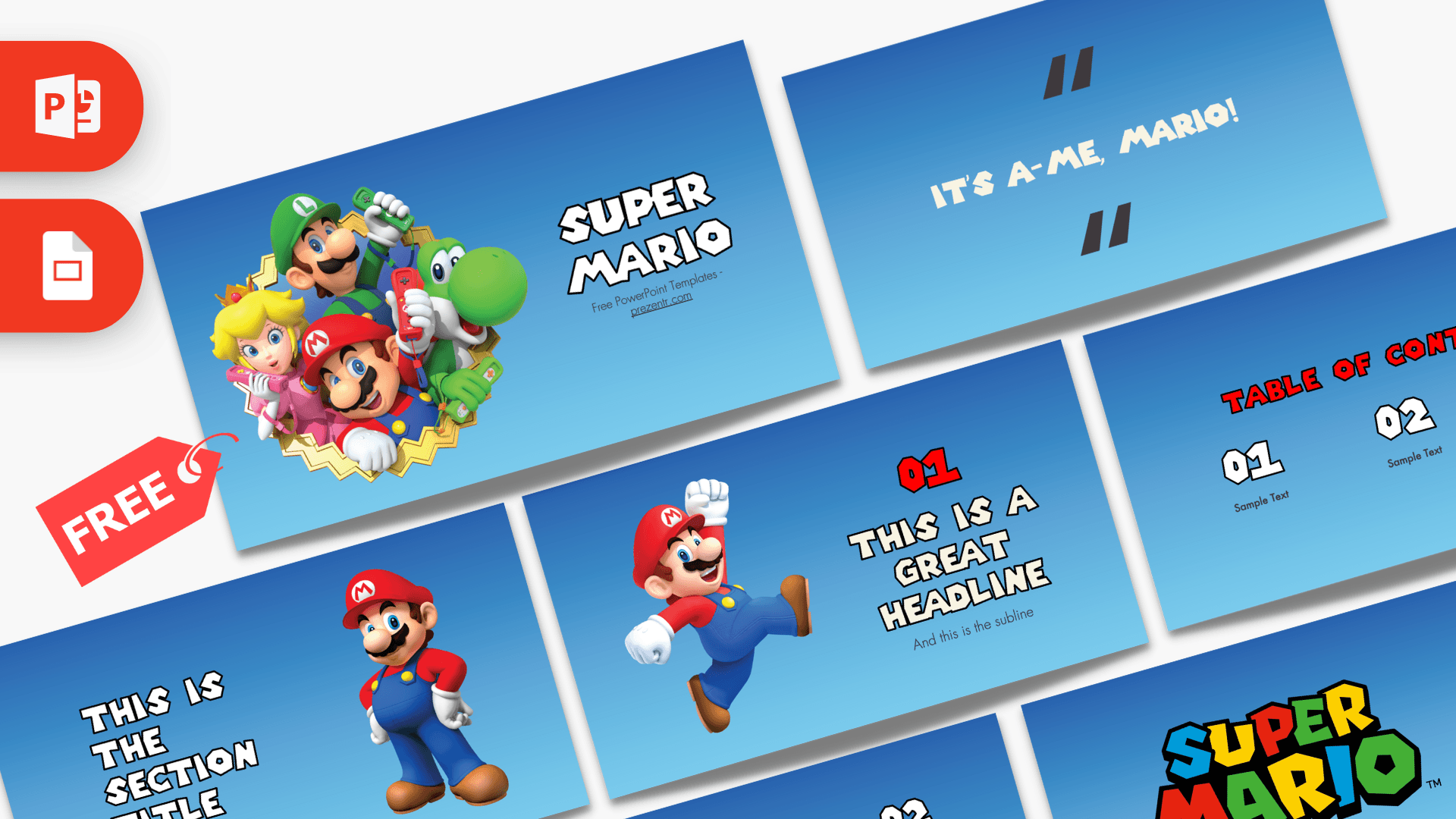 Super Mario PowerPoint Template cover slide with blue gradient background, Mario characters, and game-themed layout