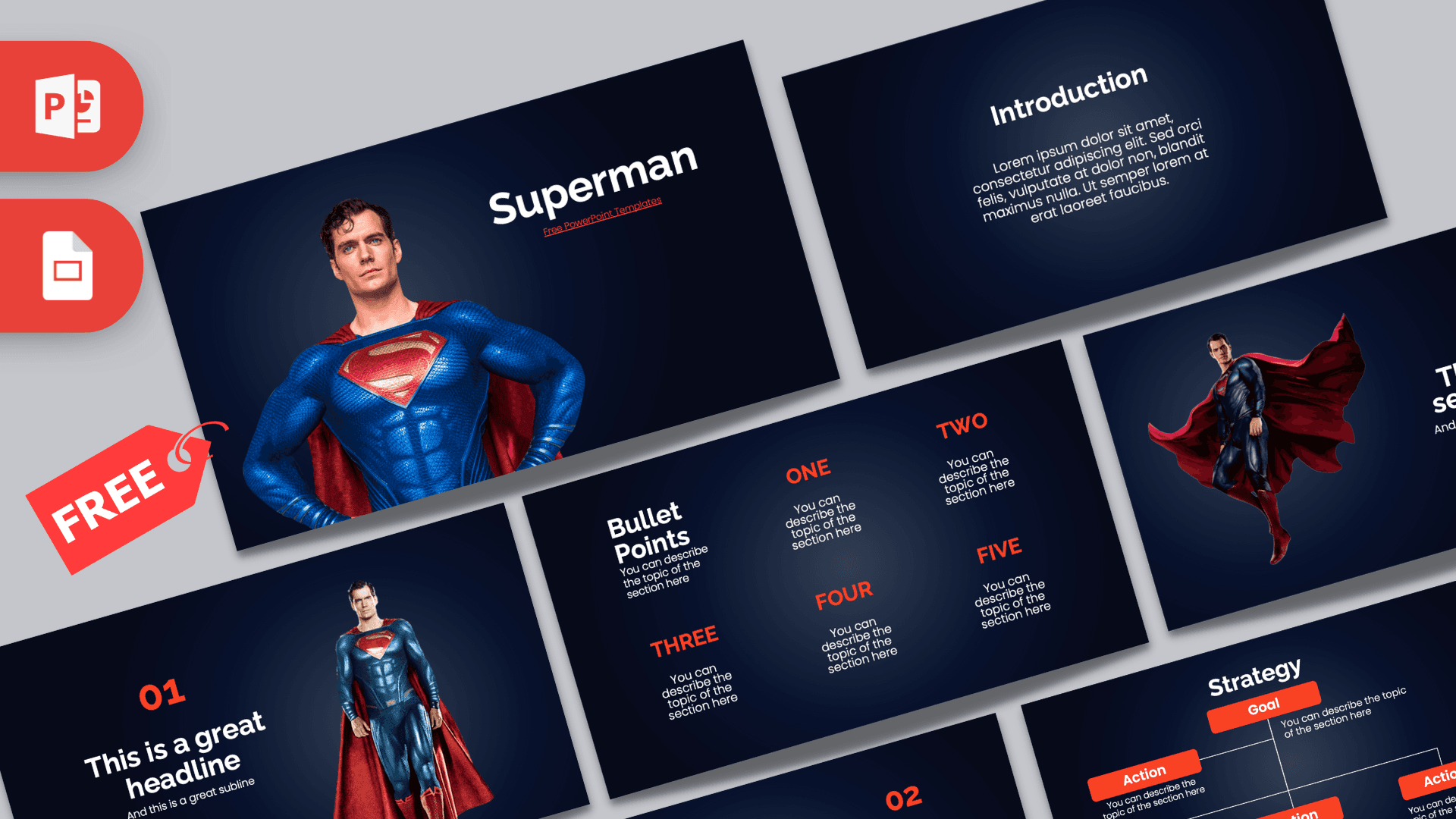 Superman PowerPoint Template cover slide featuring a hero in blue and red suit on dark navy background with red accents
