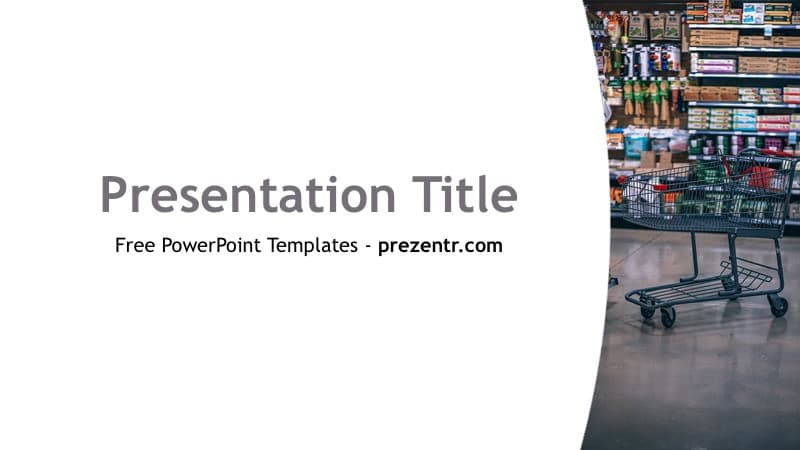 Supermarket PowerPoint Template cover slide with shopping cart and white layout against store shelves