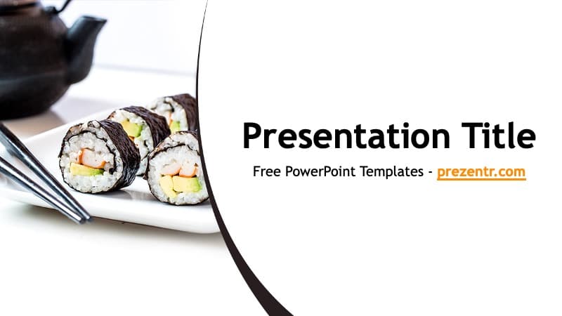 Sushi PowerPoint Template cover slide with plated sushi rolls, chopsticks, and minimalist white layout