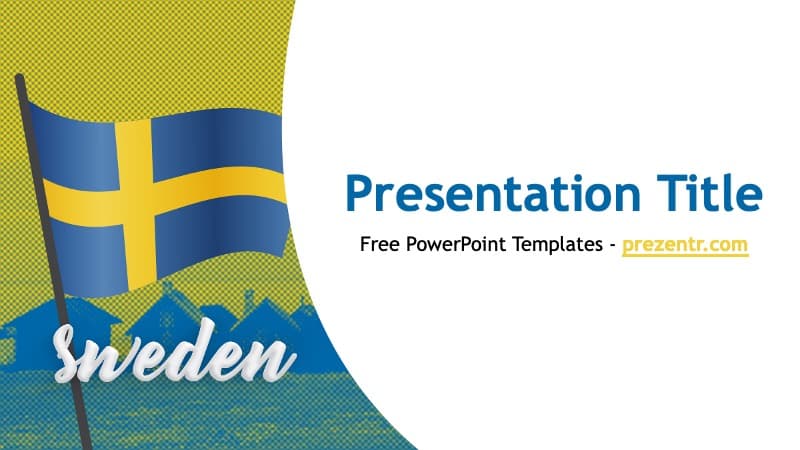 Sweden PowerPoint Template cover slide with blue and yellow flag and curved layout design