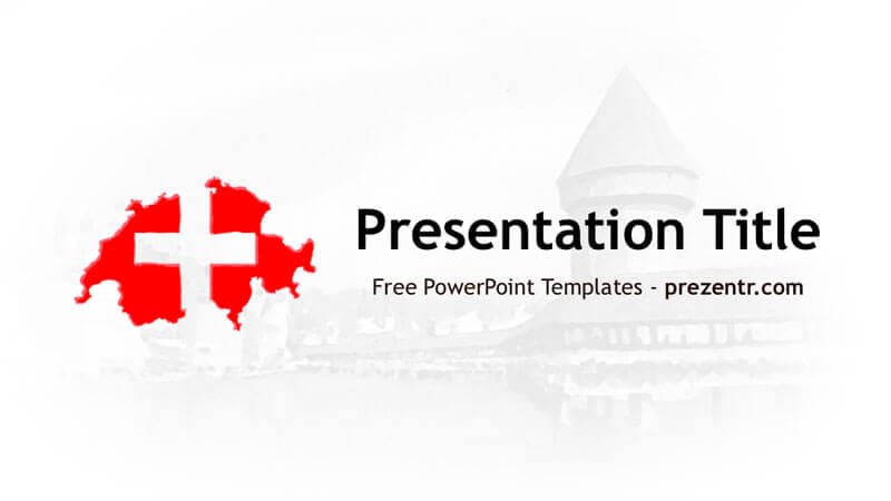 Switzerland PowerPoint Template cover slide with red Swiss map, white cross, "Presentation Title" text, and Alpine backdrop