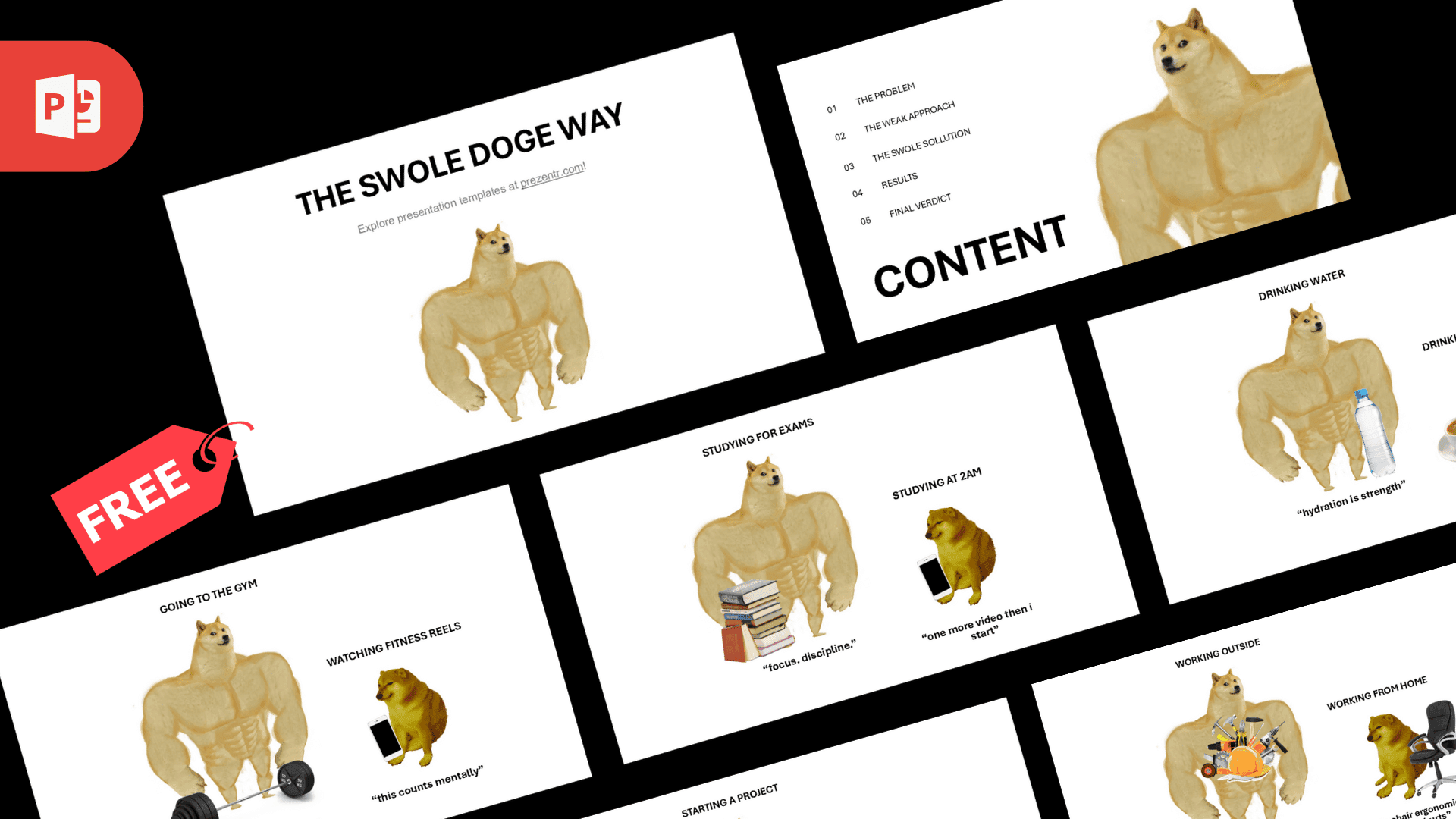 Swole Doge Meme template cover slide with muscular dog illustration and text layout on white background