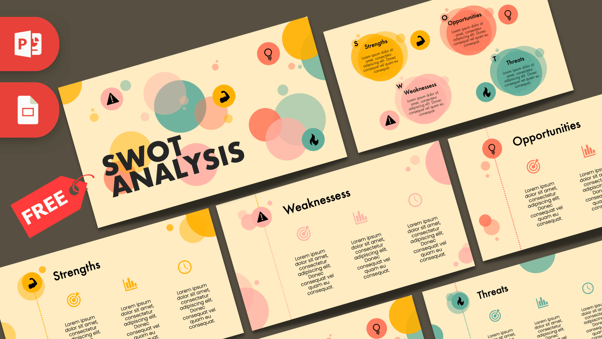 Animated SWOT Analysis PowerPoint template cover with colorful circles and pastel pink, teal, yellow design