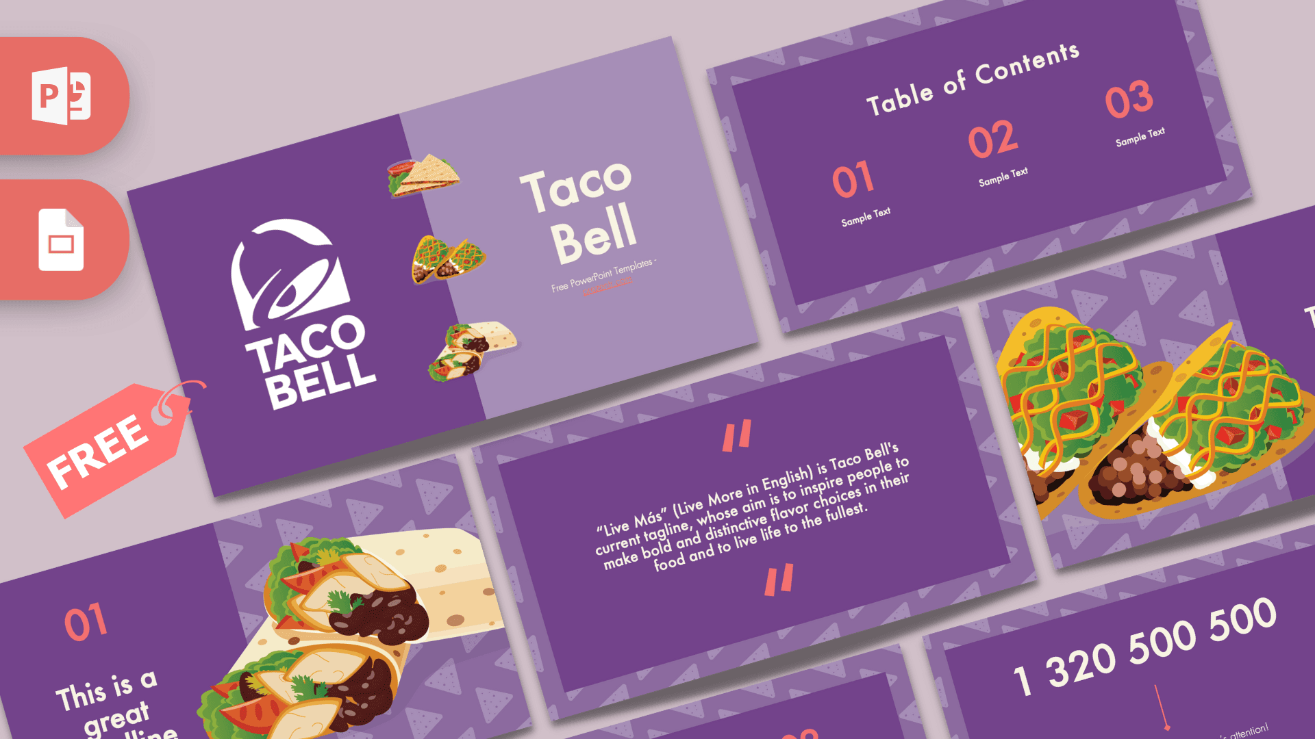Taco Bell PowerPoint template cover slide with purple background, white logo, and colorful taco illustrations