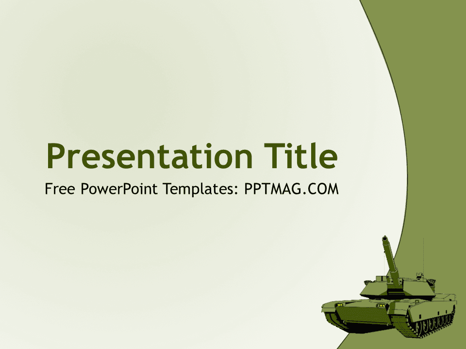Tank PowerPoint Template cover slide with green military tank illustration and cream background