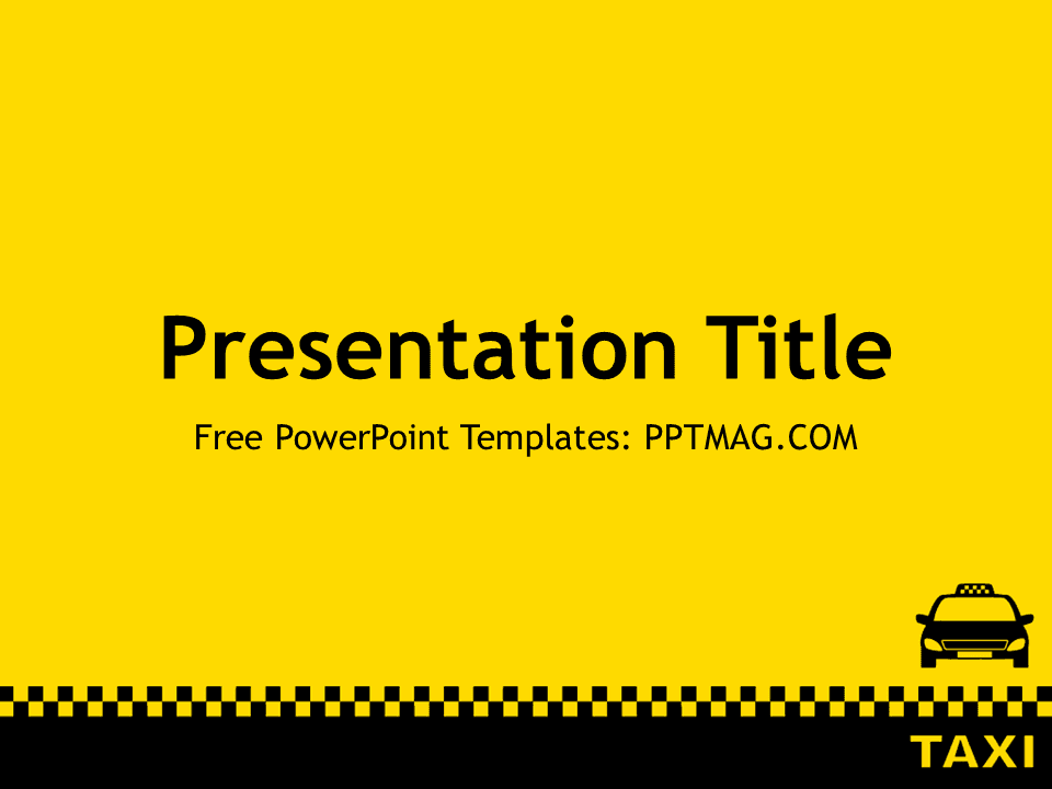 Taxi PowerPoint Template cover slide with yellow background, black checkered border, and taxi cab icon