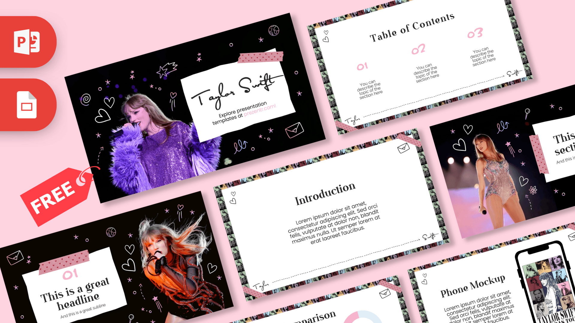 Taylor Swift PowerPoint template cover slide with purple gradient background and decorative icons