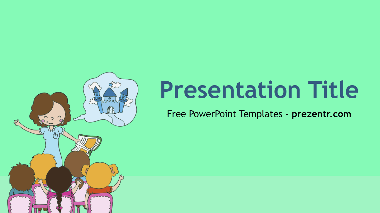 Teacher PowerPoint Template cover slide with cartoon teacher and students on mint green background