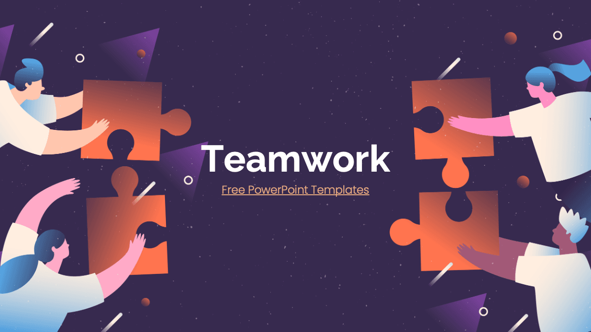 Teamwork PowerPoint template cover slide with illustrated figures assembling orange puzzle pieces on dark purple background